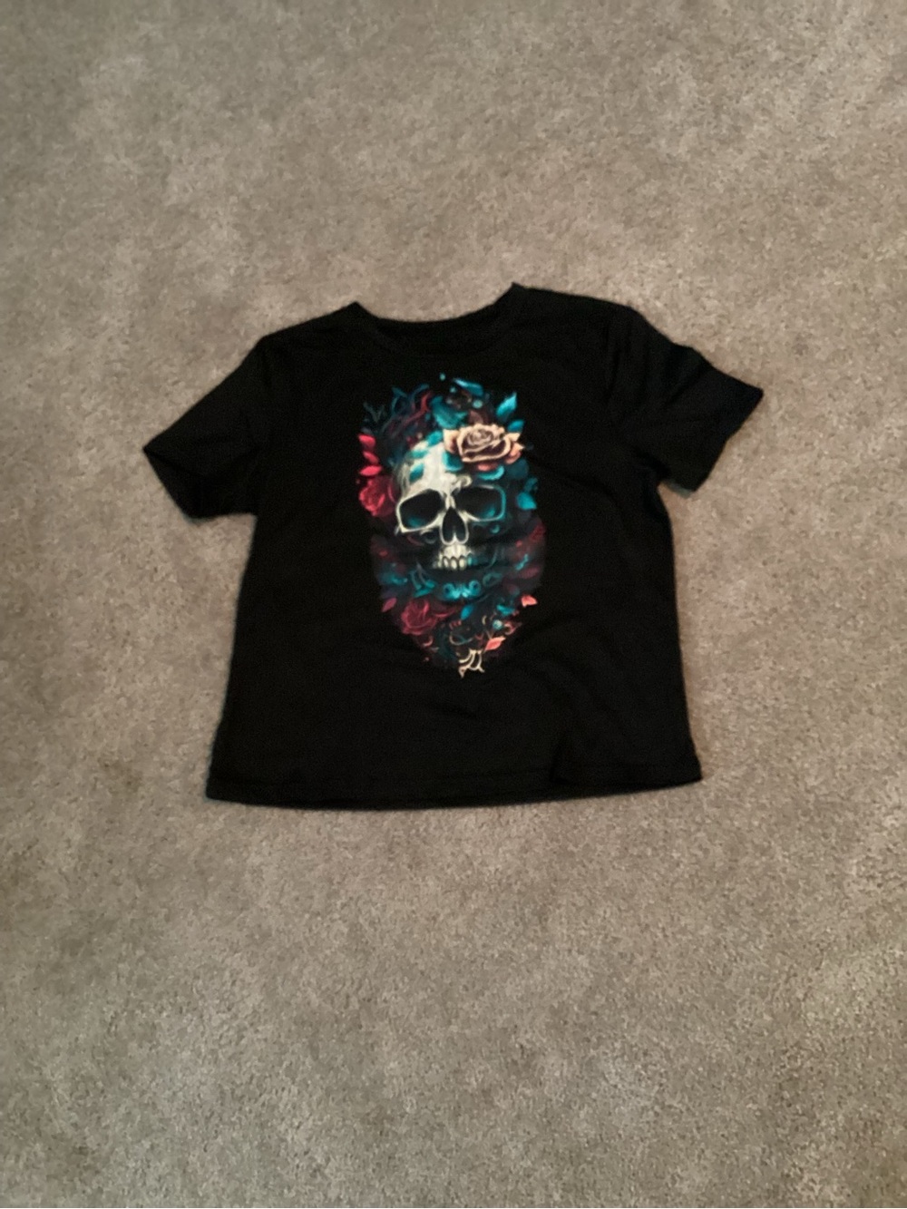 SHEIN Black Tee with Teal & Pink Floral Skull Graphic